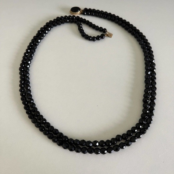 Antique Vintage Black Jet Faceted Bead Double Strand Long Statement Necklace 30" - Picture 8 of 12